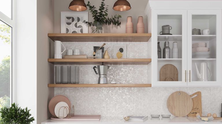 kitchen with mother of pearl hexagon tiles and open shelving