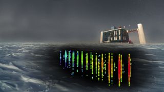 An artist's depiction of the IceCube Neutrino Observatory at the South Pole detecting the journey of a neutrino.