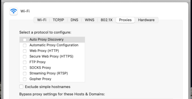 default proxy settings mac