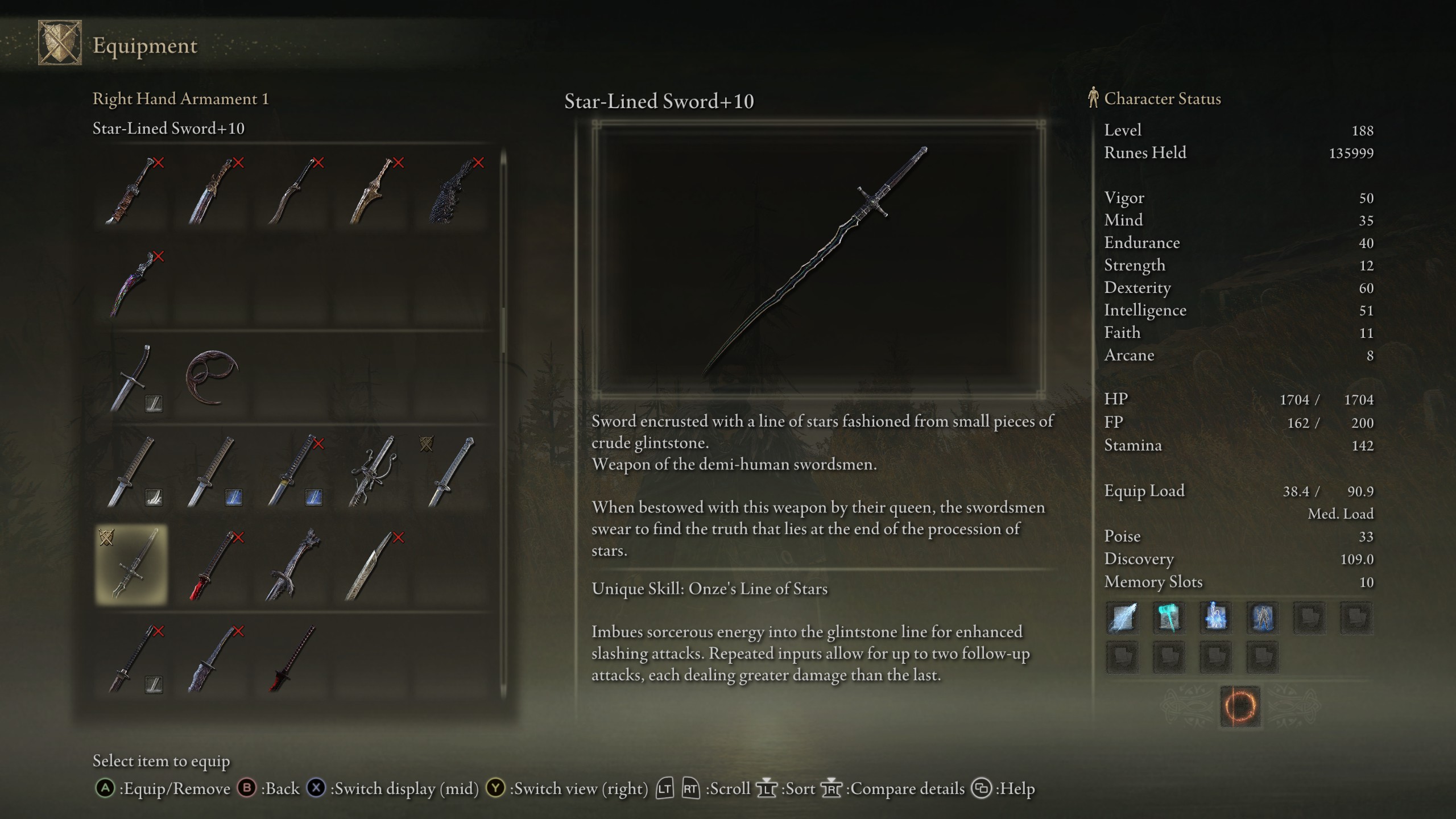 Elden Ring Shadow of the Erdtree gameplay showing stats, moveset, and location of the Starr Lined Sword, my favorite new weapon in the DLC