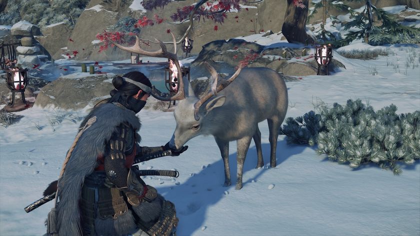 Ghost of Yotei screenshot of Atsu petting a deer at a hot spring