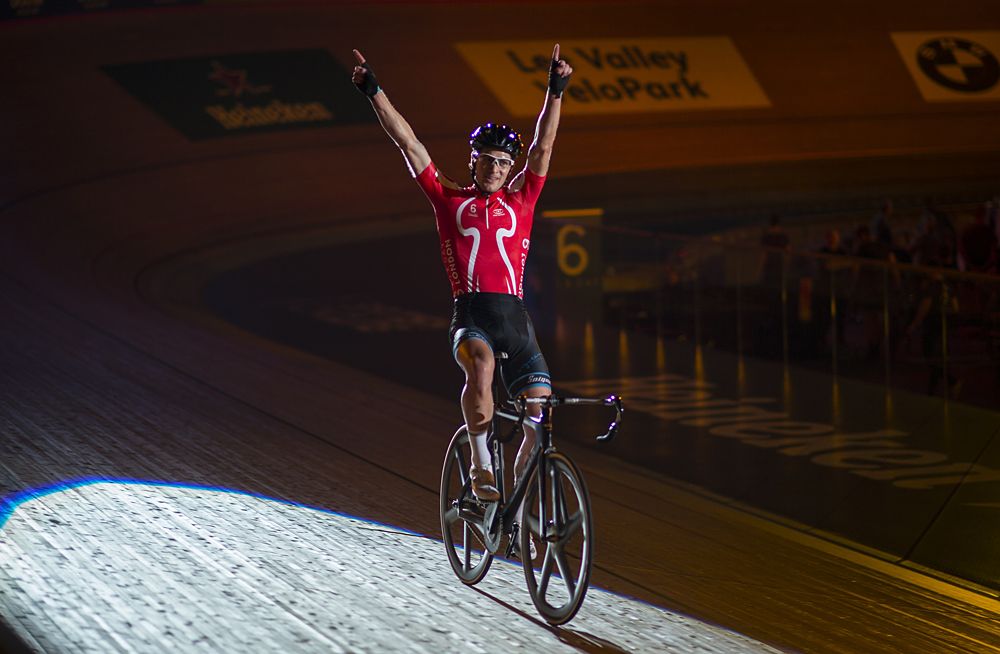 Alex Rasmussen celebrates his win in the team elimination race