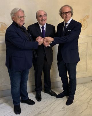 l to r: Diego Della Valle, Rocco Commisso and Andrea Della Valle celebrate sale of ACF Fiorentina