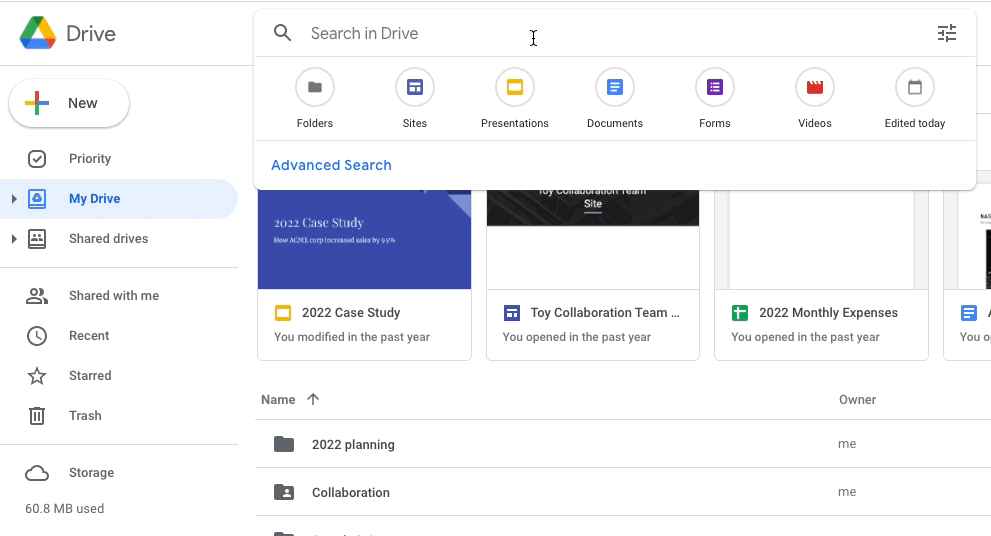 Google Drive search chip
