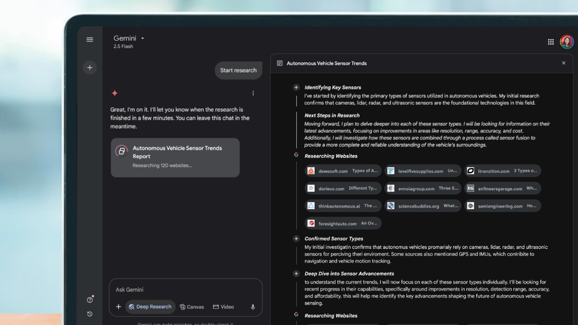 A laptop screen showing the Deep Research mode in Google Gemini