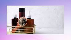 a composite image of a selection of curly girl method hair products on a shelf, against a purple/pink background 