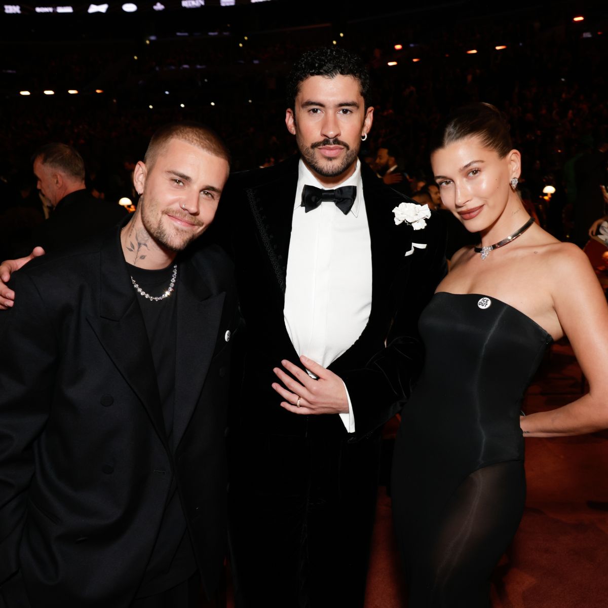 Justin Bieber, Bad Bunny and Hailey Bieber attend the 2026 Grammy Awards