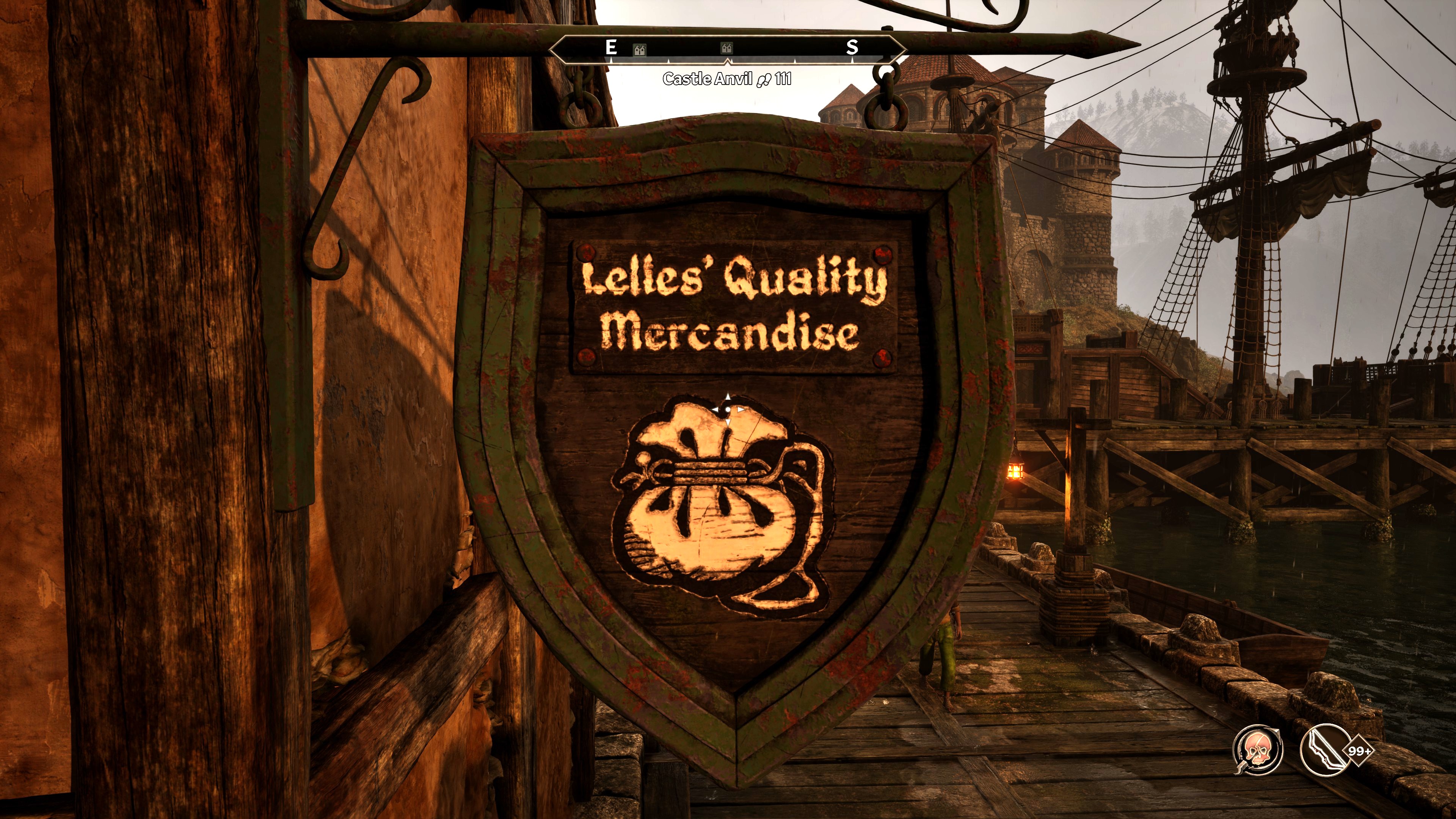 A sign for Lelles' Quality Merchandise, which is mispelled as Mercandise, in Oblivion Remastered.