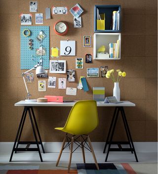 Home office layout ideas with desk and corkboard wall