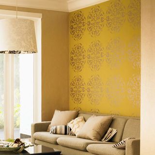 yellow room with neutral sofa