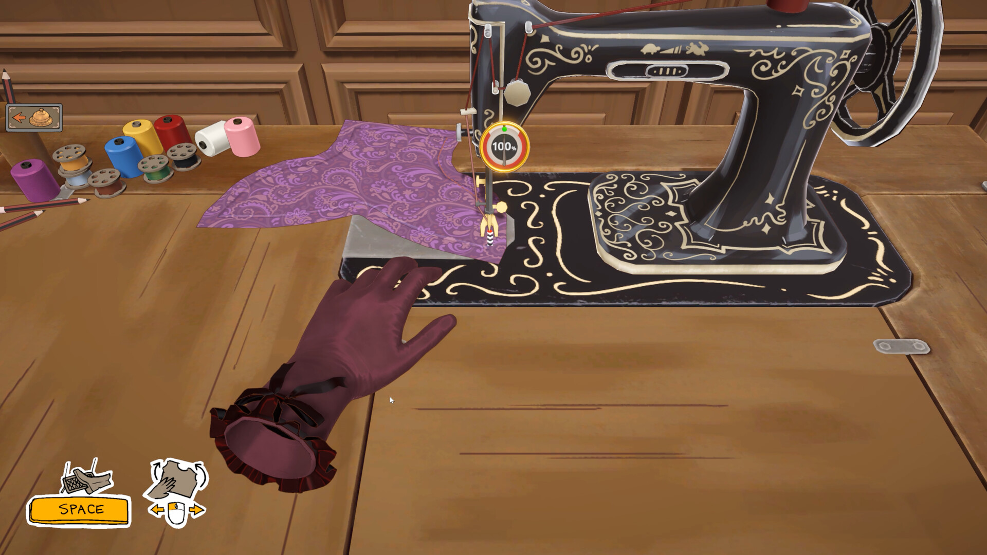 Sewing fabric with a vintage sewing machine from a first-person perspective in crafting sim, Dressmaker