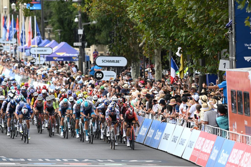 ADELAIDE AUSTRALIA JANUARY 26 Ryan Mullen of Ireland and Team Red Bull BORA hansgrohe Connor Swift of The United Kingdom and Michal Kwiatkowski of Poland and Team INEOS Grenadiers lead the peloton during the 25th Santos Tour Down Under 2025 Stage 6 a 90km stage from Adelaide to Adelaide UCIWT on January 26 2025 in Adelaide Australia Photo by Dario BelingheriGetty Images