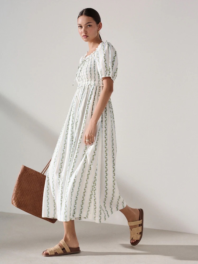 Next, Ditsy Floral Print Puff Sleeve Shirred Midi Dress