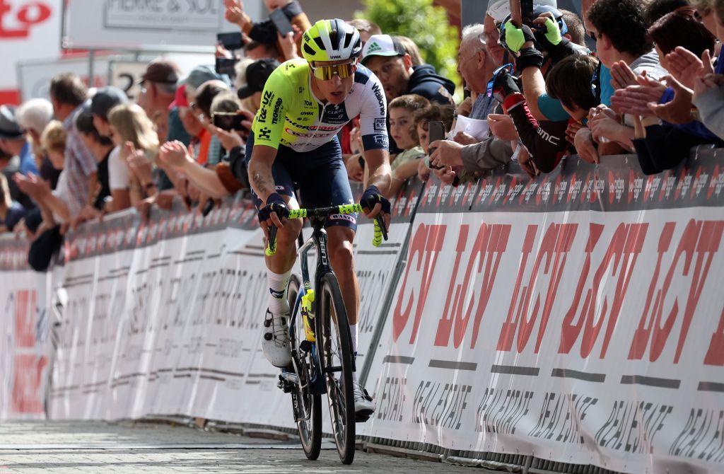 French Hugo Page of Intermarche-Wanty and action the Circuit Franco-Belge cycling race, 190,6 km from Tournai to Mont-de-l'Enclus, stage 6 (out of 9) of the Lotto Cycling Cup, Wednesday 29 May 2024. BELGA PHOTO VIRGINIE LEFOUR (Photo by VIRGINIE LEFOUR / BELGA MAG / Belga via AFP)