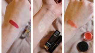 On the right, a close-up of Beauty Writer, Naomi Jamieson's hand with a swatch of the 31 Le Rouge Lipstick, alongside another swatch of the Baume Essentiel Glow stick and finally, the No.1 De Chanel Lip and Cheek balm.