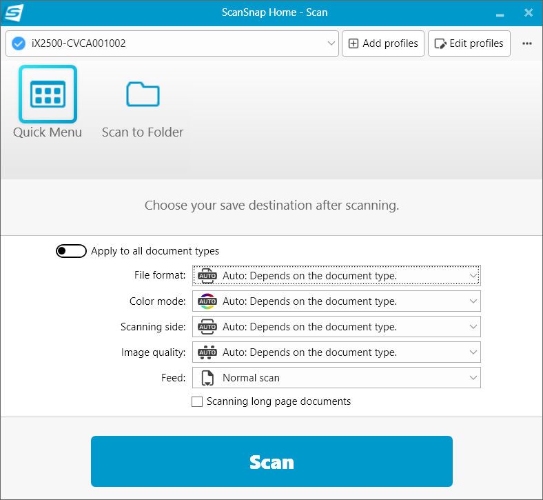 ScanSnap iX2500 Windows software screengrab