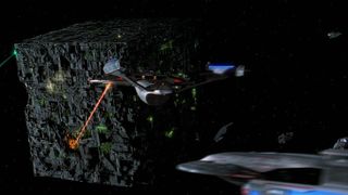 U.S.S. Enterprise battling the Borg in Star Trek First Contact (1996)_Paramount Pictures