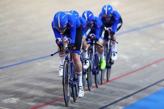Letizia Paternoster, Martina Alzini, Elisa Balsamo and Vittoria Guazzini of Italy compete in the Women's team pursuit qualifying on day one of the UCI Track Cycling World Championships