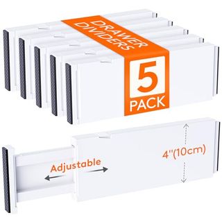 5 white plastic drawer dividers in an orange label with '5 pack' printed on it