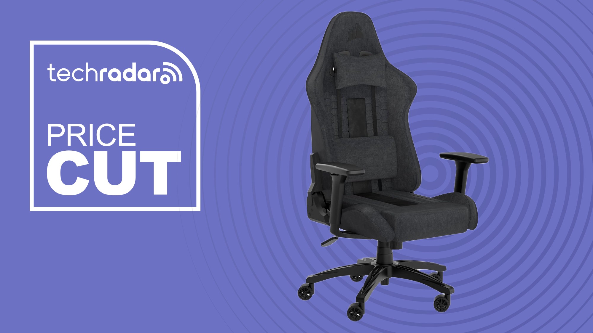 A Corsair TC100 Relaxed on a purple background next to a TechRadar badge that reads 'Price Cut'