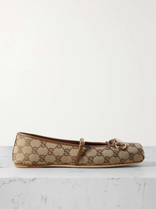 Horsebit-Detailed Leather-Trimmed Canvas-Jacquard Ballet Flat