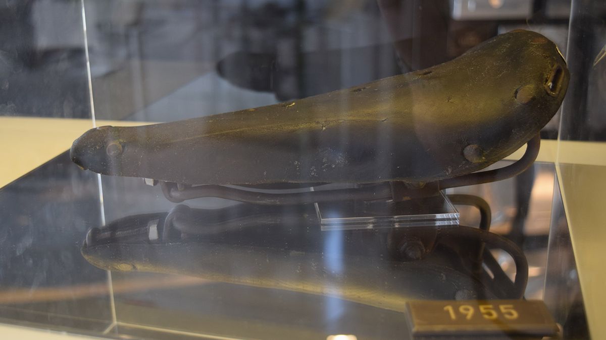 A worn leather saddle from 1955