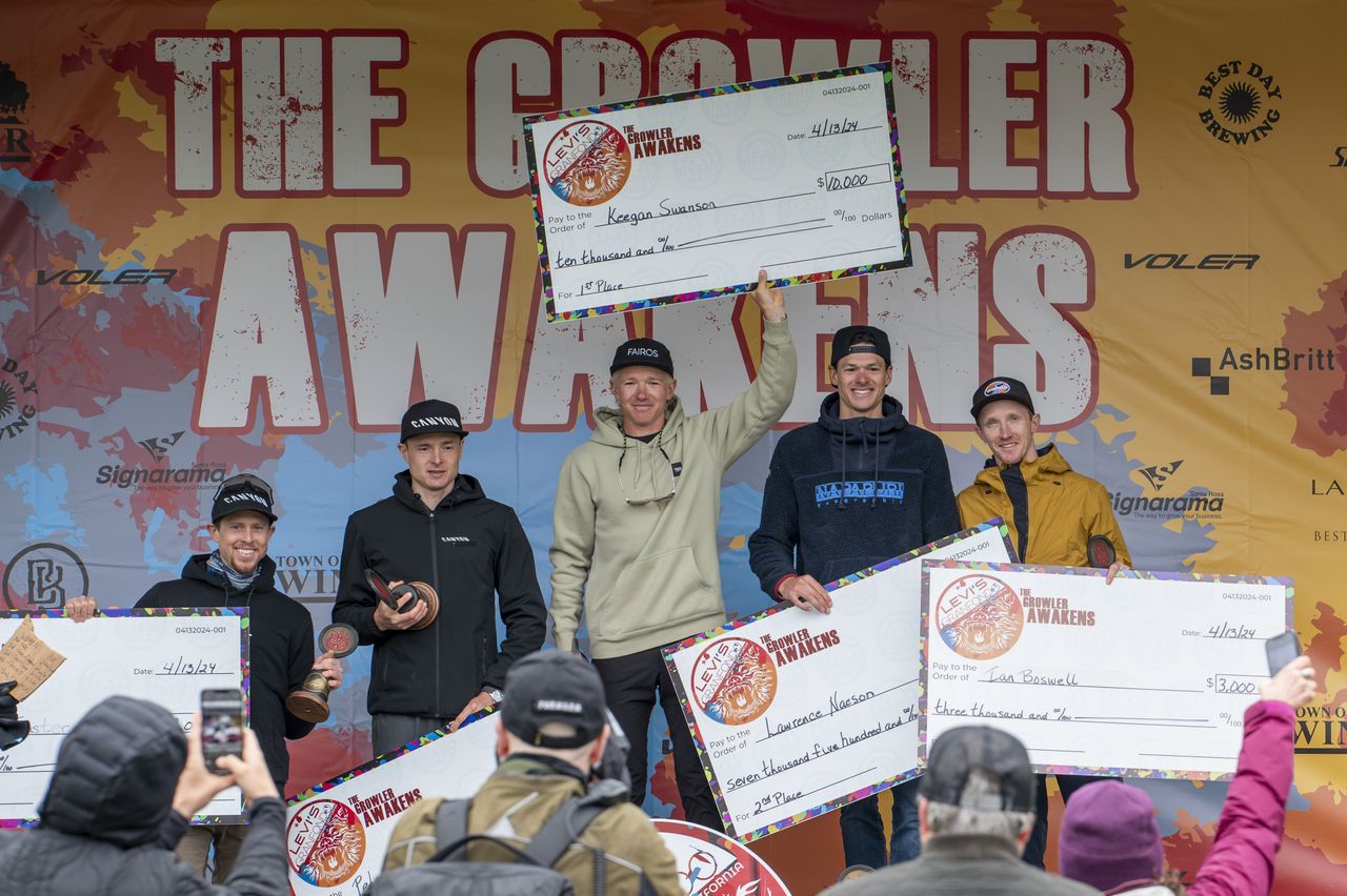 Men's 2024 podium at The Growler, race winner Keegan Swenson on top step with biggest check