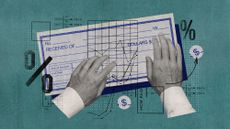 Photo collage of a man's hands, an old fashioned bank cheque, graphs and percentage signs