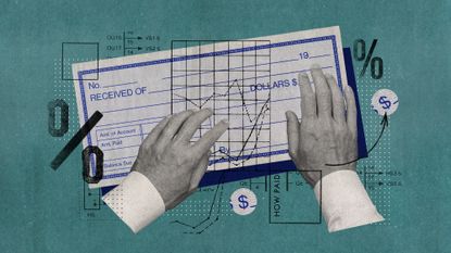 Photo collage of a man's hands, an old fashioned bank cheque, graphs and percentage signs