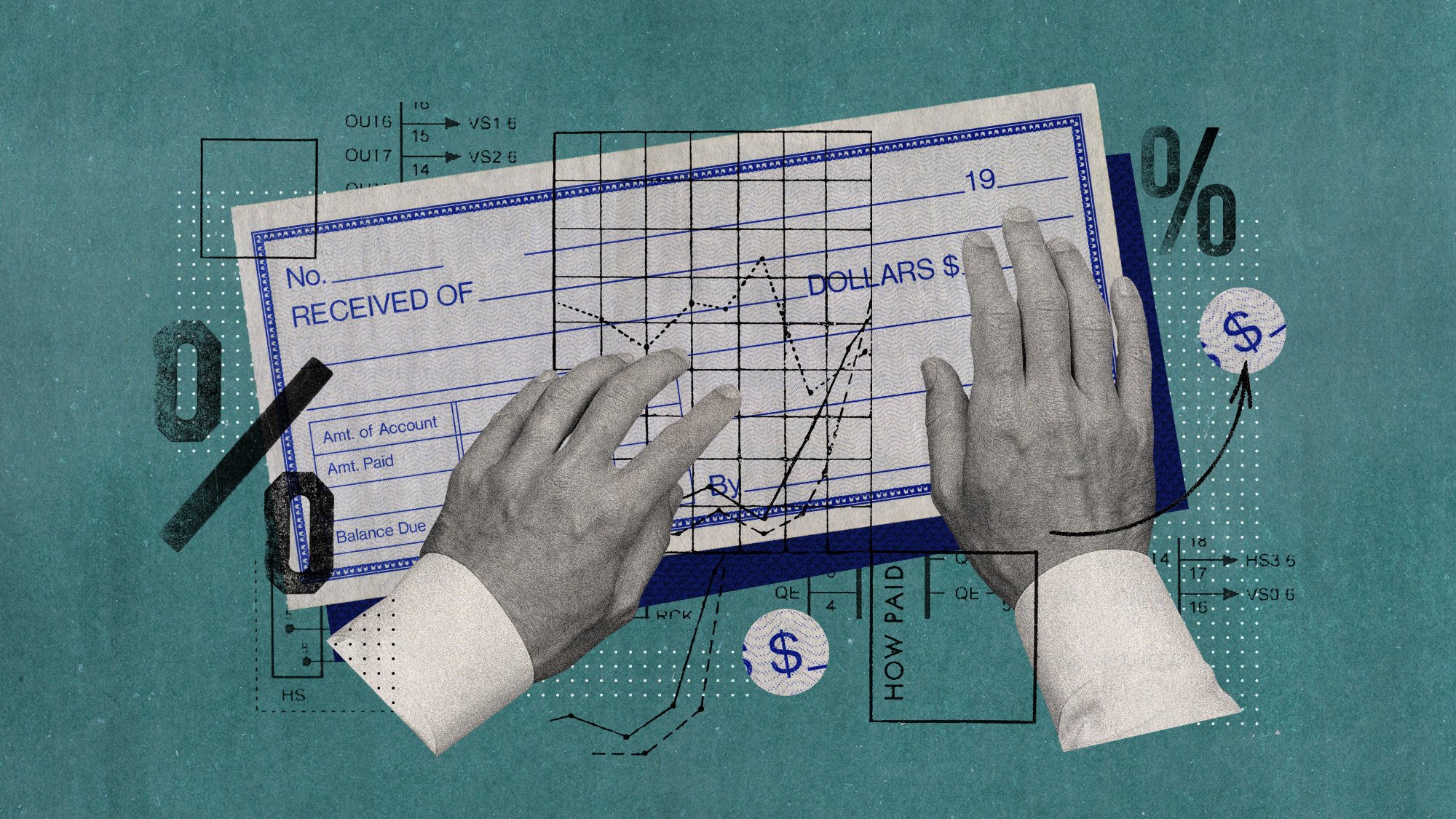 Photo collage of a man's hands, an old fashioned bank cheque, graphs and percentage signs