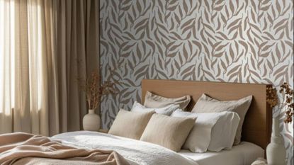White and brown leaf wallpaper in a modern, brown bedroom from I Love Wallpaper.