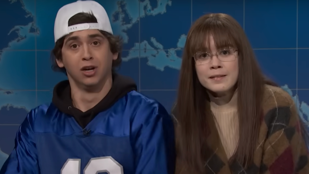 Marcello Hernandez and Jane Wickline talk to the camera as an unconventional couple on Weekend Update.