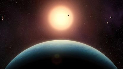 Five planets encircle a bright star in the darkness of space.