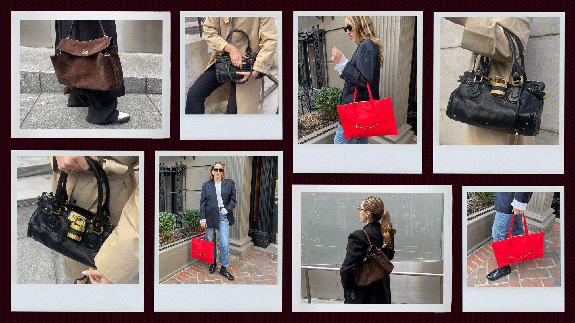 senior fashion editor Anna LaPlaca carrying the Chloé Paddington Bag, Celine Smiling Flat Cabas Tote, and Balenciaga Rodeo Bag
