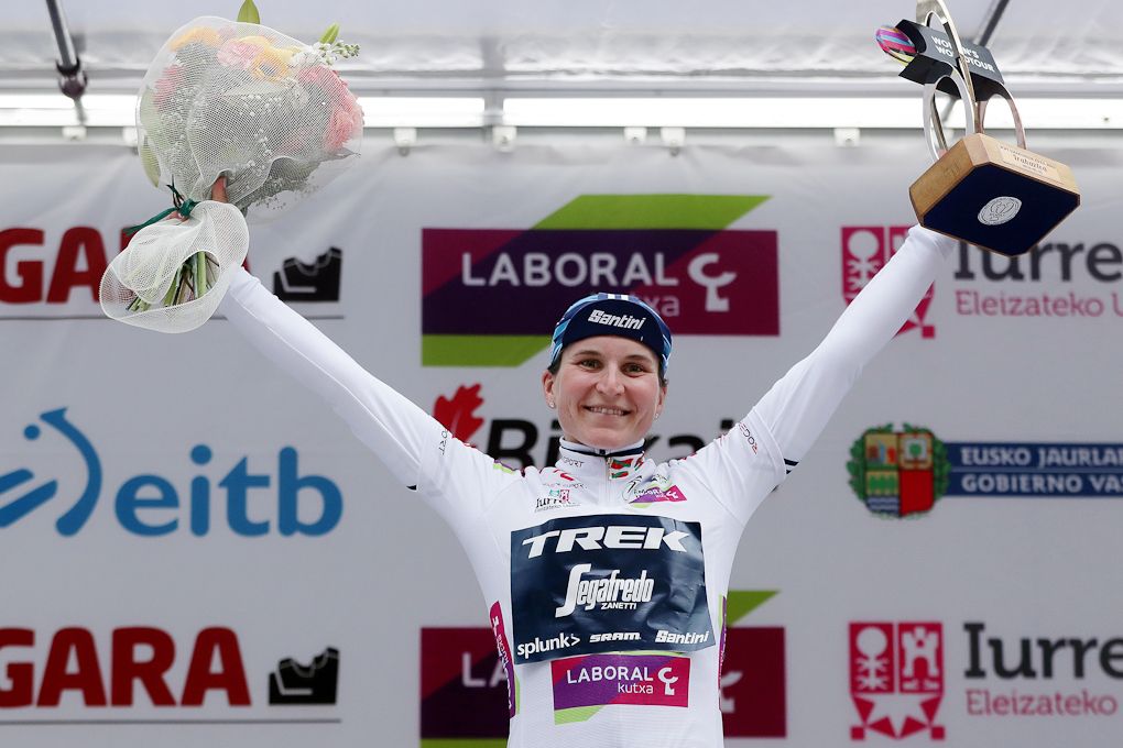 Elisa Longo Borghini on the final podium at Emakumeen Bira