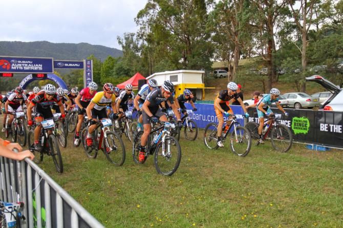 The elite men racing at the Bright round of the cross country national series