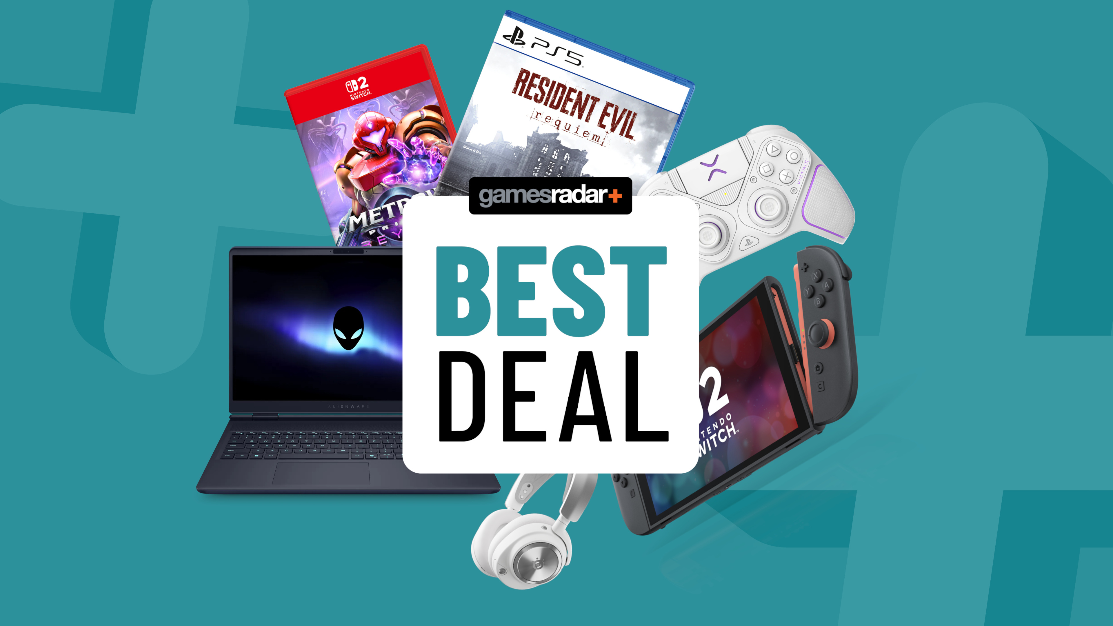 PS5 and Nintendo Switch games and accessories with Alienware gaming laptop on a light blue background and best deal badge