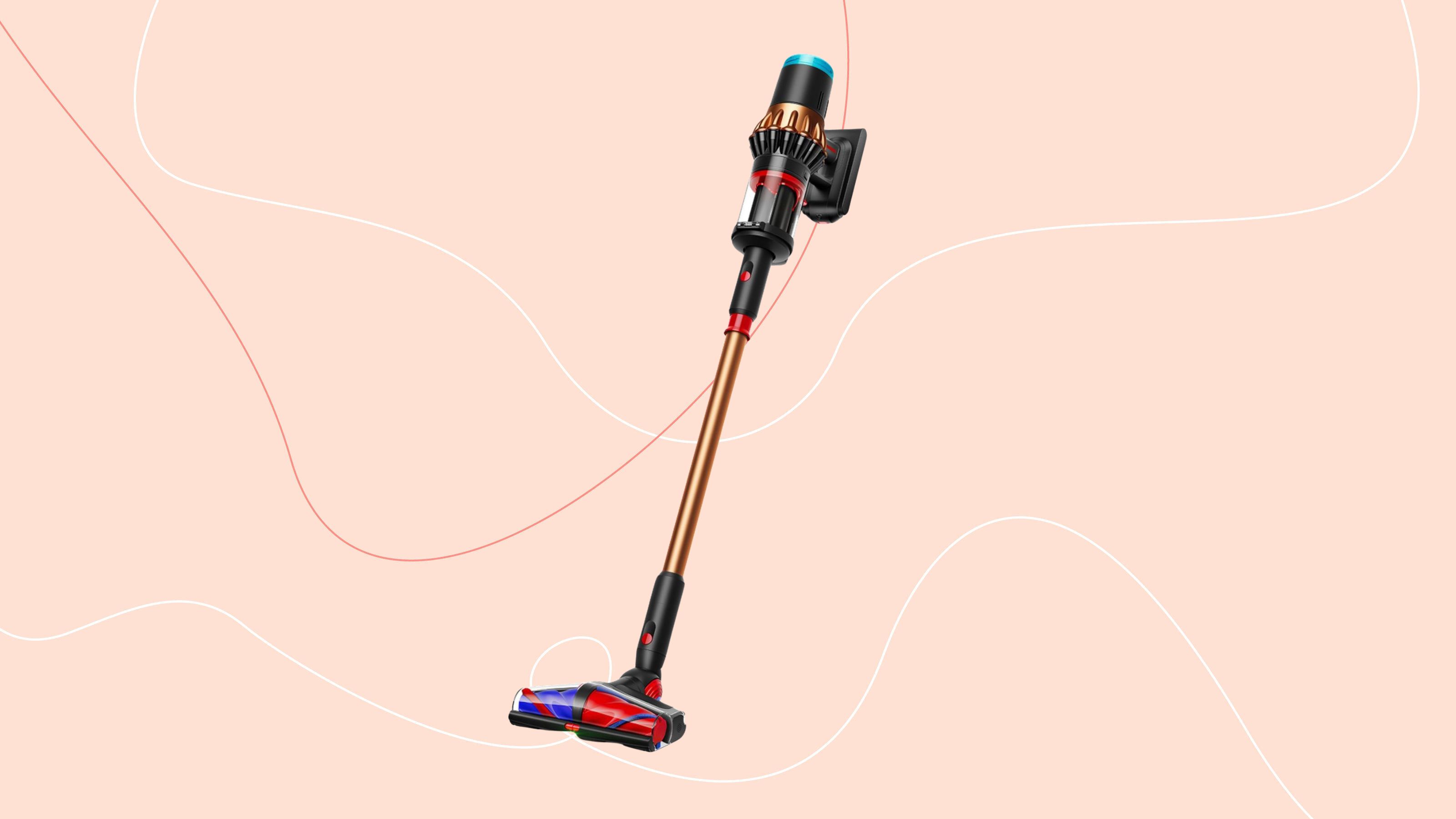 Dyson V16 Piston Animal vacuum on a pink vacuum
