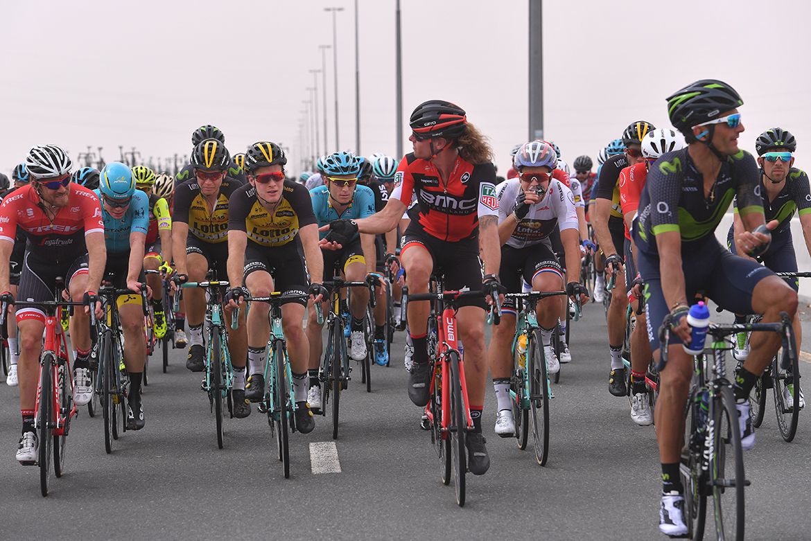 Daniel Oss discusses the day's occurrences with his fellow riders