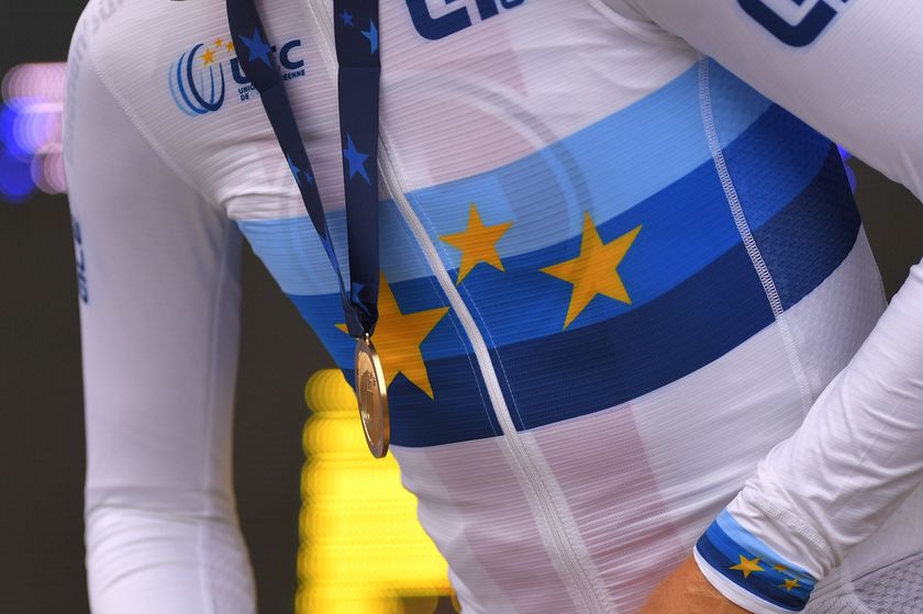 PLOUAY, FRANCE - AUGUST 24: Podium / Stefan Kung of Switzerland Gold Medal European Champion Jersey / Celebration / Detail view / during the 26th UEC Road European Championships 2020 - Men&#039;s Elite Individual Time Trial a 25,6km race from Plouay to Plouay / ITT / @UEC_cycling / #EuroRoad20 / on August 24, 2020 in Plouay, France. (Photo by Luc Claessen/Getty Images)