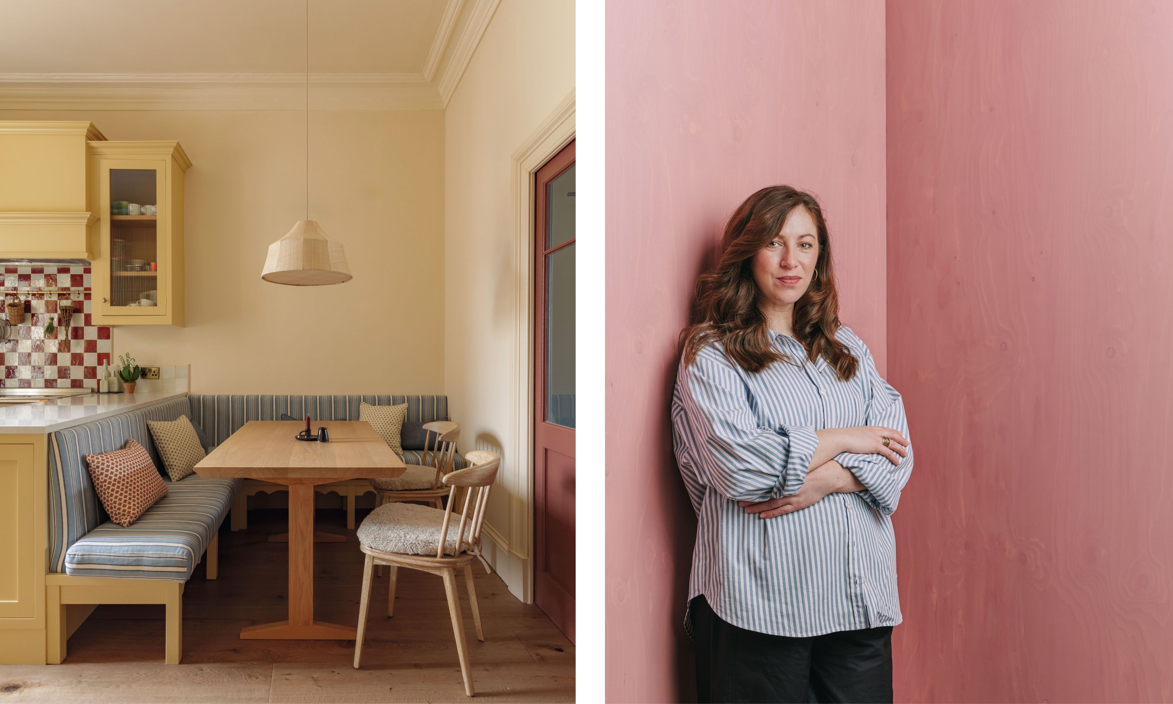 Diptych: A warm kitchen with a blue striped banquette and yellow cabinets beside a portrait of designer Ailsa MacConnell in a striped shirt against a pink wood-paneled corner.