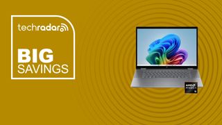 THe HP OmniBook X Flip on a yellow background with text saying Big Savings.