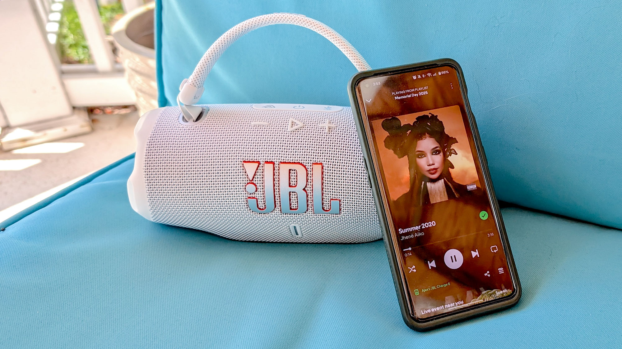 The JBL Charge 6 near the pool.