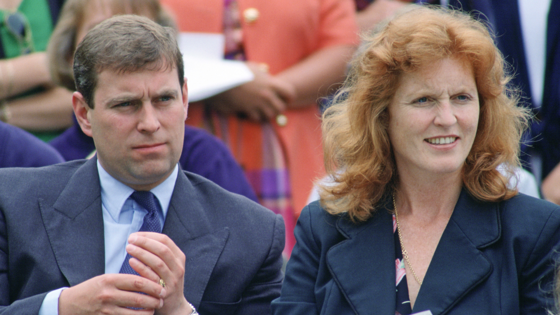 Sarah Ferguson and Prince Andrew sitting next to each other at a school sports day in 1993