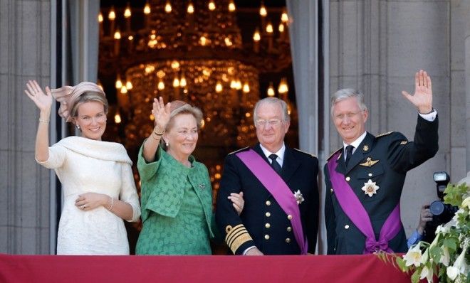 Queen Mathilde, Princess Paola, Prince Albert II and King Philippe of Belgium greet the audience during the Abdication Of King Albert II Of Belgium, &amp;amp; Inauguration Of King Philippe on July 21