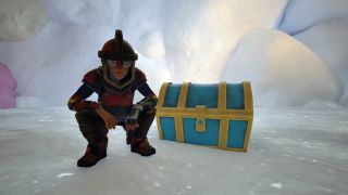 Grounded 2 Frostbitten Key: A character crouched next to a blue and gold chest in a snowy cave.