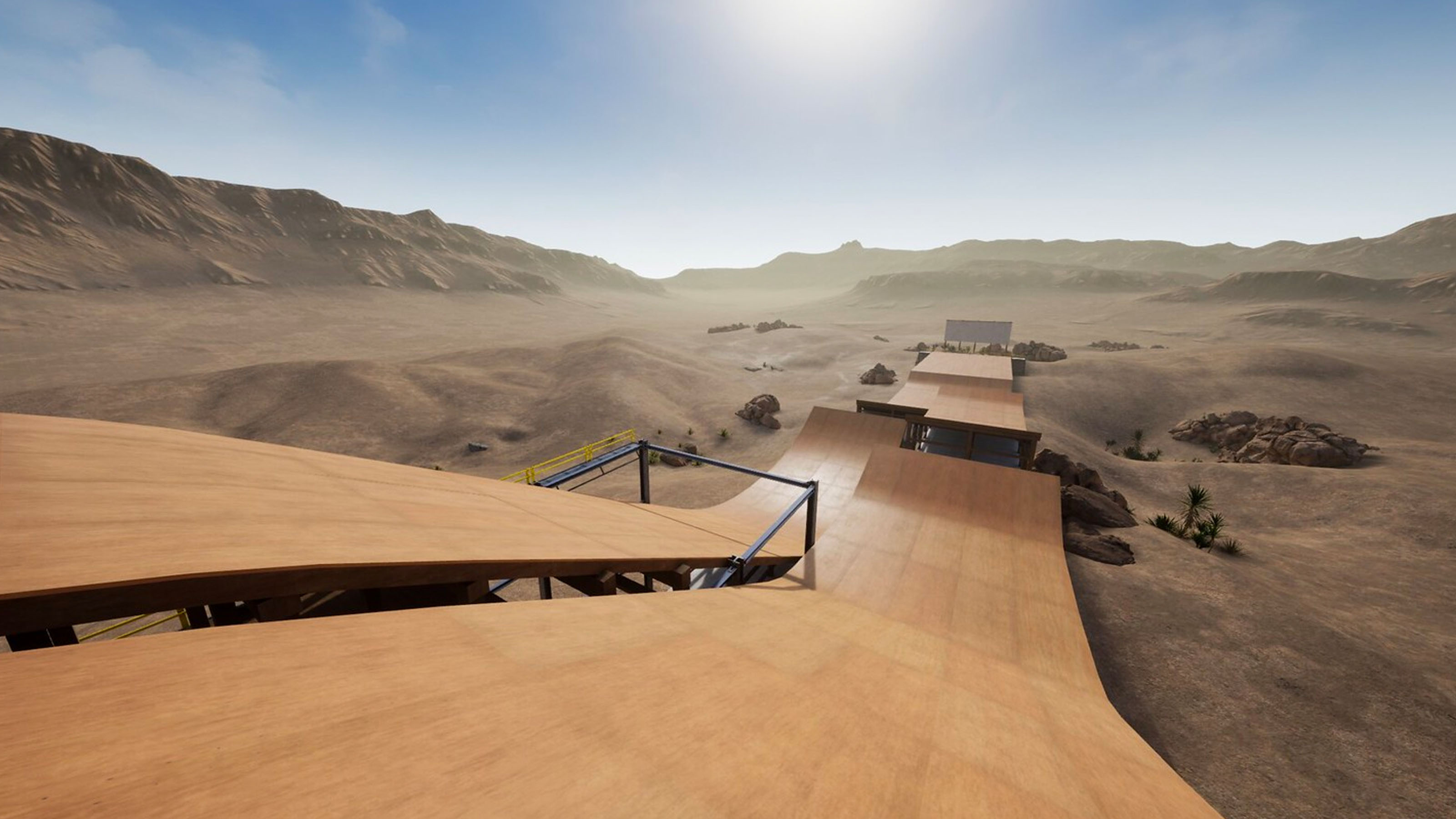 A screenshot from the game VR Skater showing some ramps in the middle of a desert