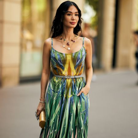 fashion week attendee wearing tropical printed dress
