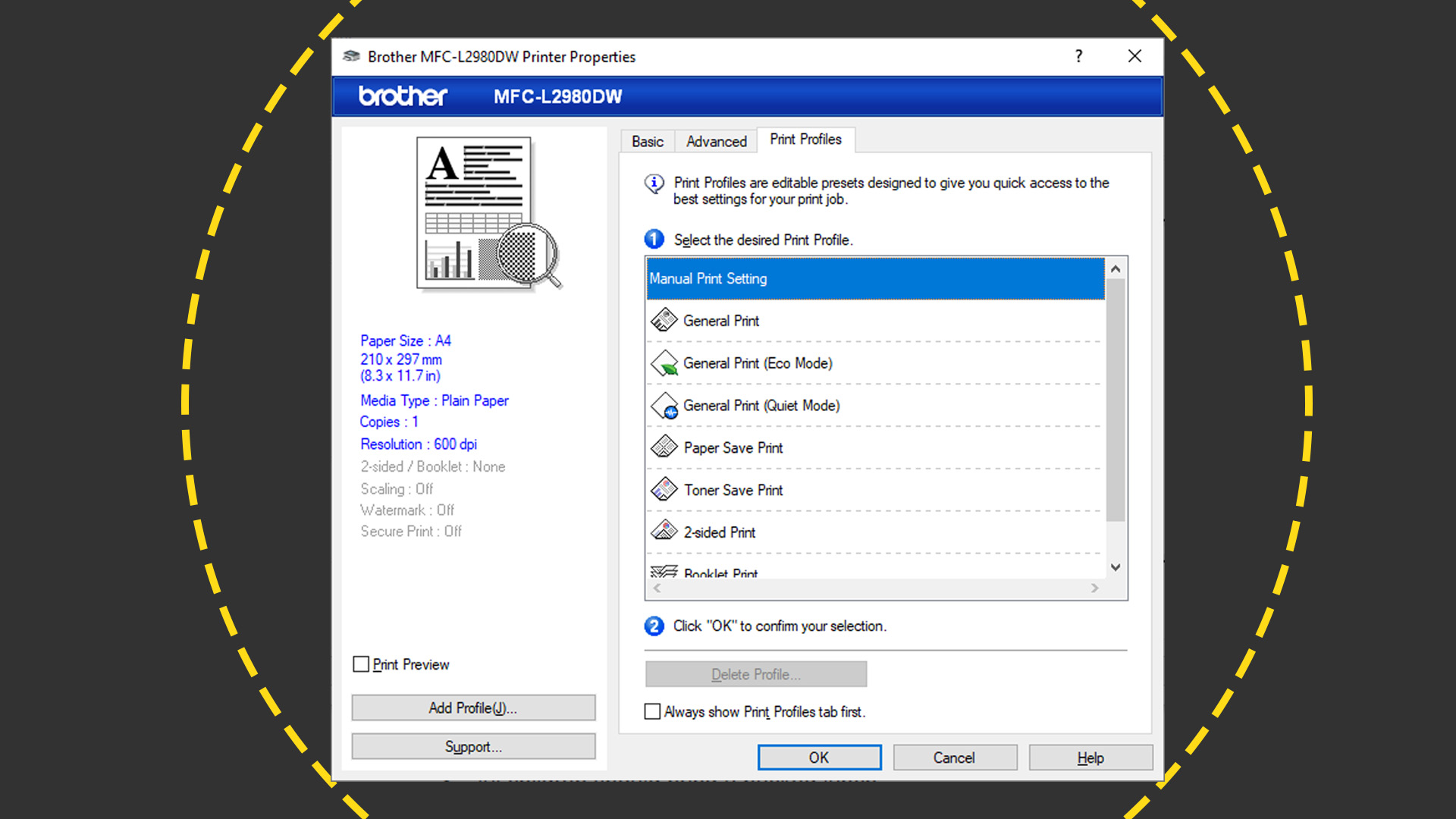 The print interface on the Brother MFC L2980DW