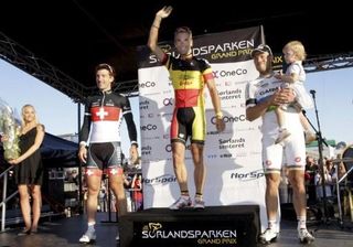 Philippe Gilbert (Omega Pharma-Lotto) on the podium with Fabian Cancellara and Thor Hushovd